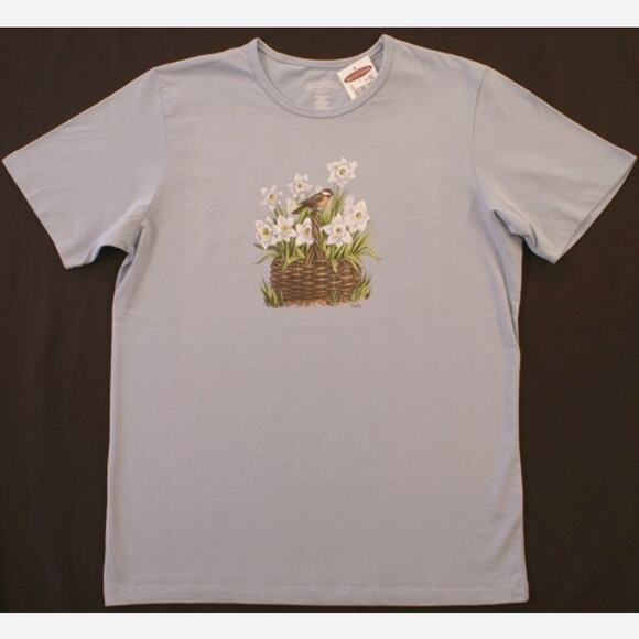 Northern Reflections XS Misty Blue T-Shirt Daffodils Robin Basket NOS w/Tag - Picture 1 of 3